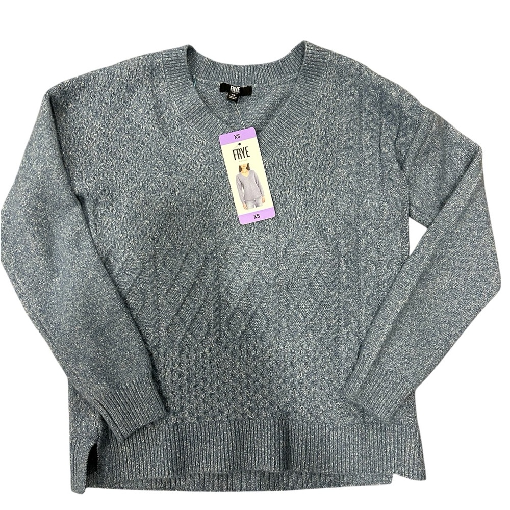 Frye Womens V-Neck Cable Knit Sweater Blue Marl Pullover XS New